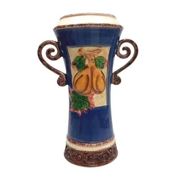 Blue Yellow Fruit Vase 11" Charleston Style Handcrafted Decor - Picture 12 of 12